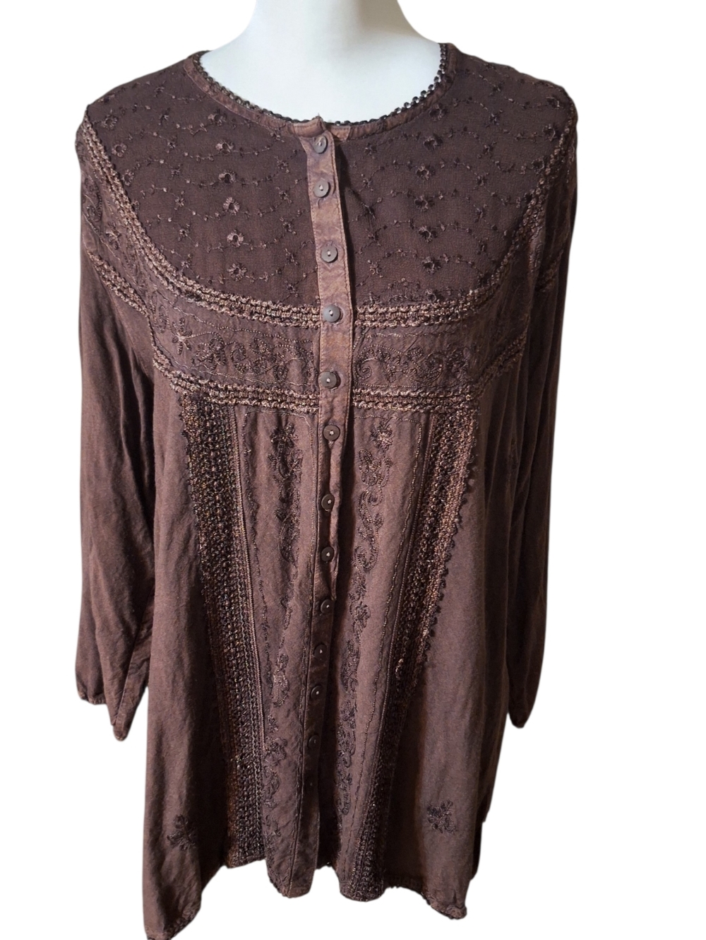 Le Ethnic Womens 1X Chocolate Brown Embroidered Blouse Festival Boho Hippie